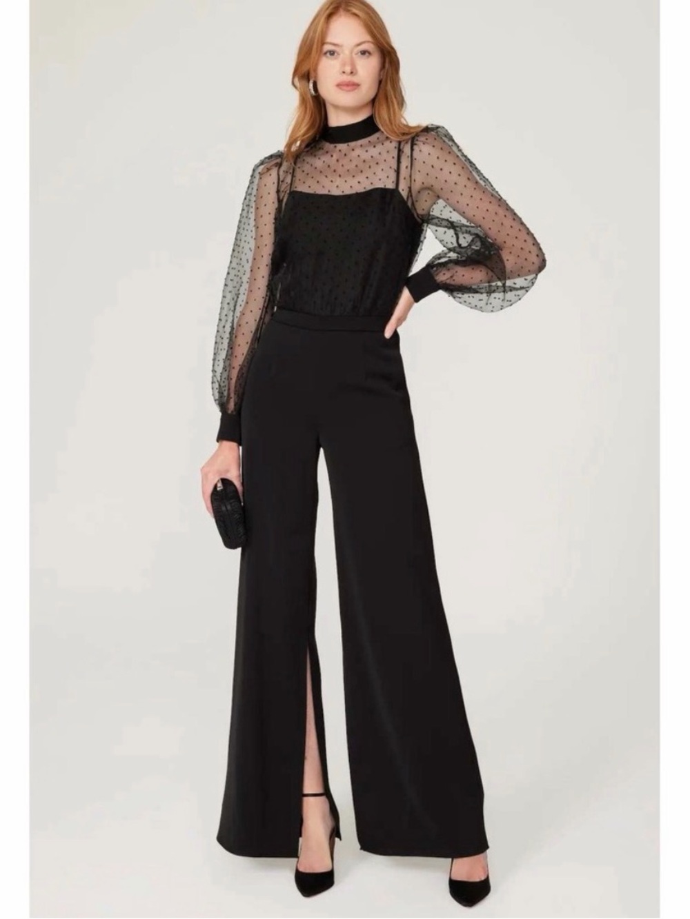 Black Halo Rosalie Sheer Swiss Dot Wide Leg Jumpsuit | Size 12